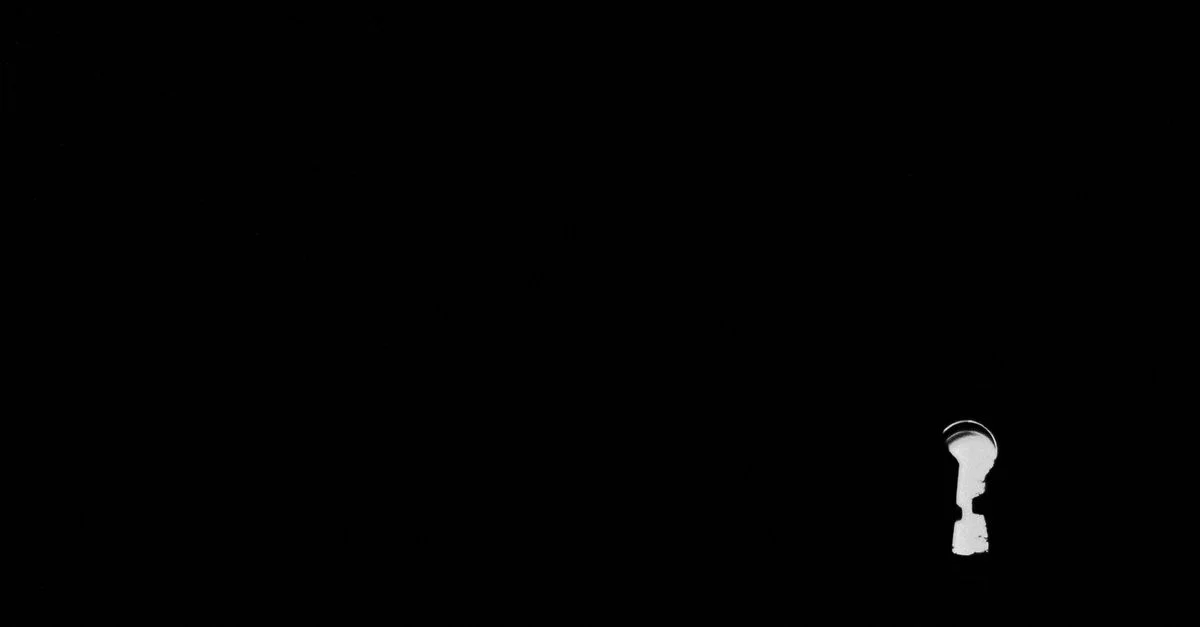 Image minimaliste en noir et blanc d'une silhouette de serrure mystérieuse brillant dans l'obscurité.