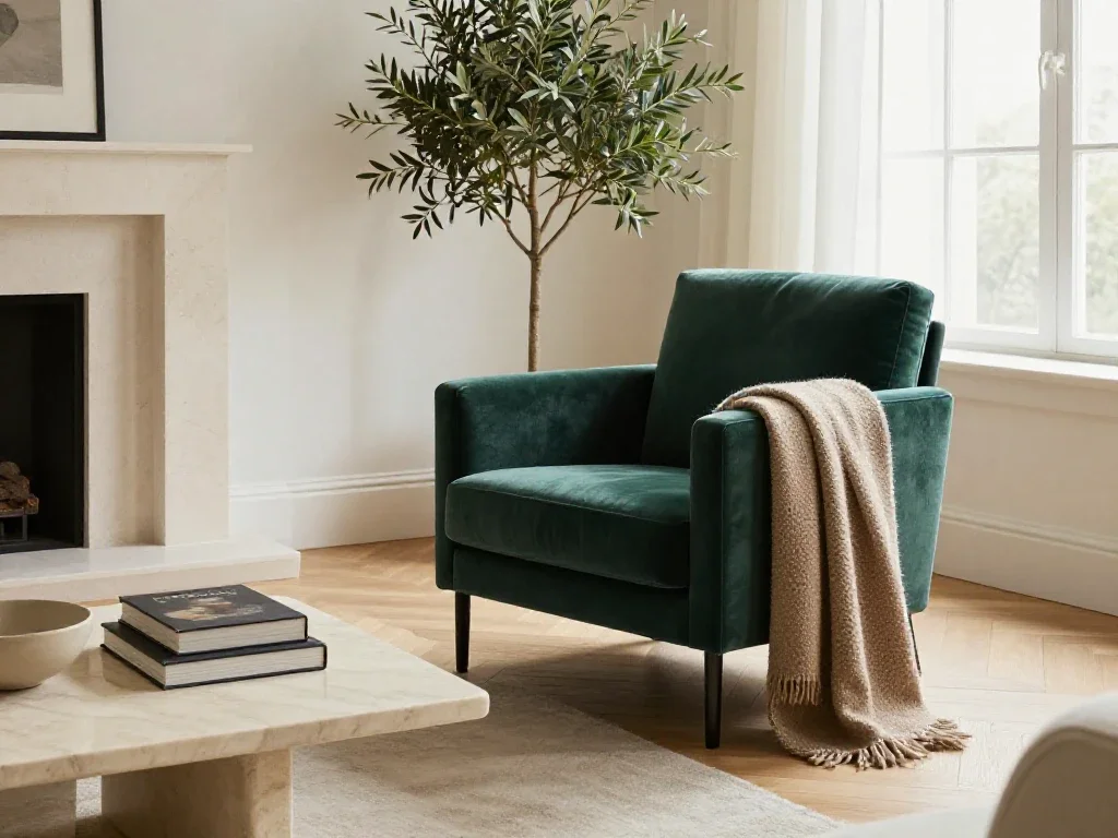 Salon moderne rénové avec un fauteuil élégant soulignant l'expertise en aménagement de maison.