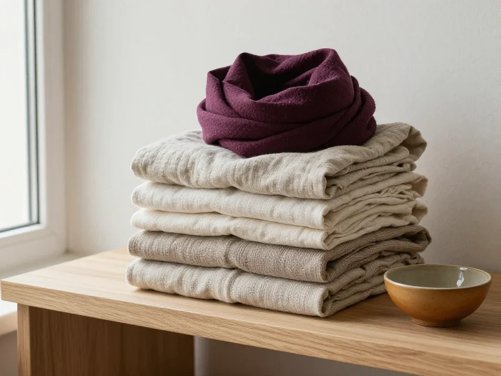 Vêtements en lin pliés avec soin, symbolisant l'attention portée aux multiples facettes du quotidien.